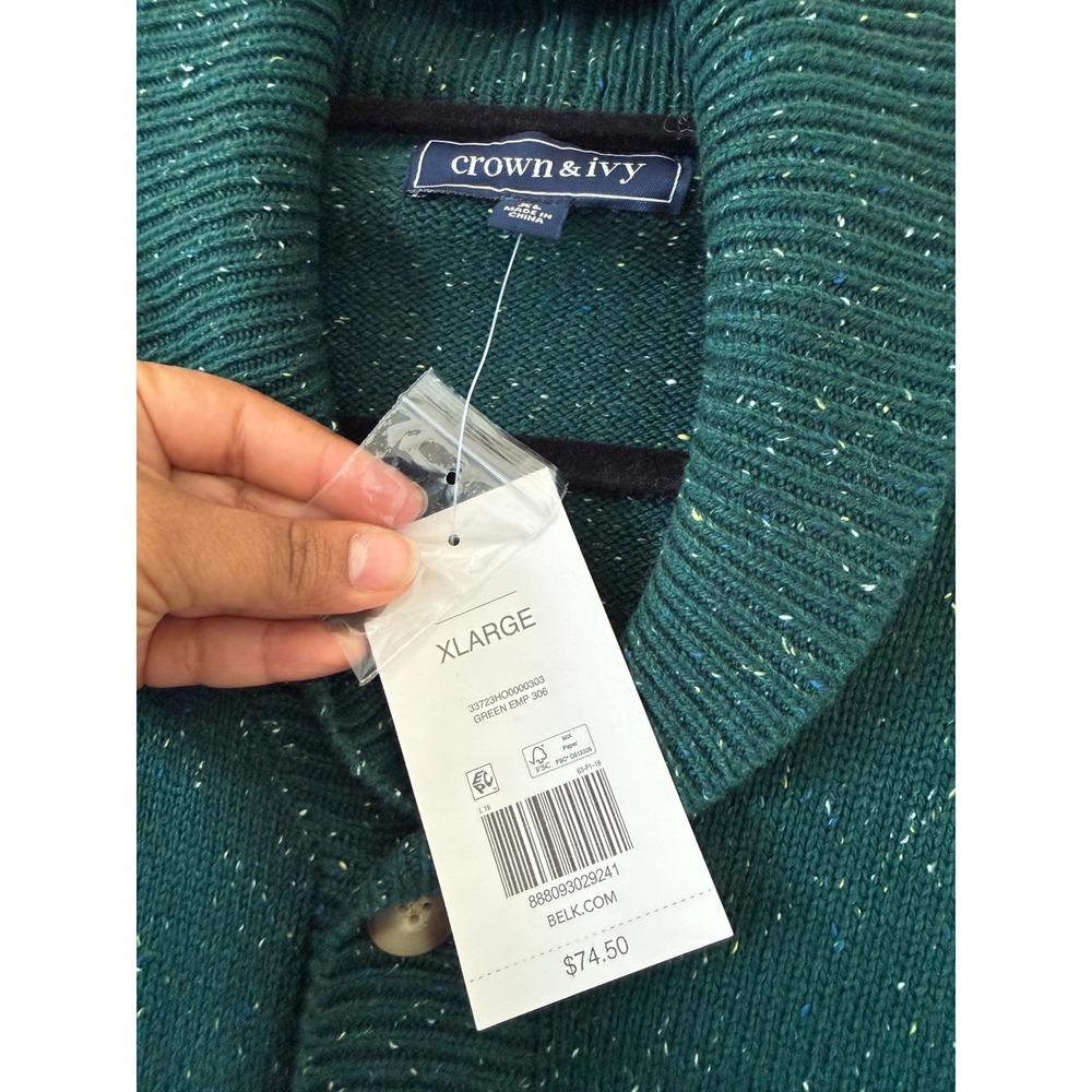 Crown & Ivy Mens Donegal Shawl Cardigan Green Speckled Button Sweater XL NWT - Picture 3 of 4